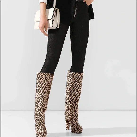 GUCCI Fabric G Rhombus Print Platform Boots Size EU37.5/ US7.5 Beige Cocoa - Picture 3 of 16